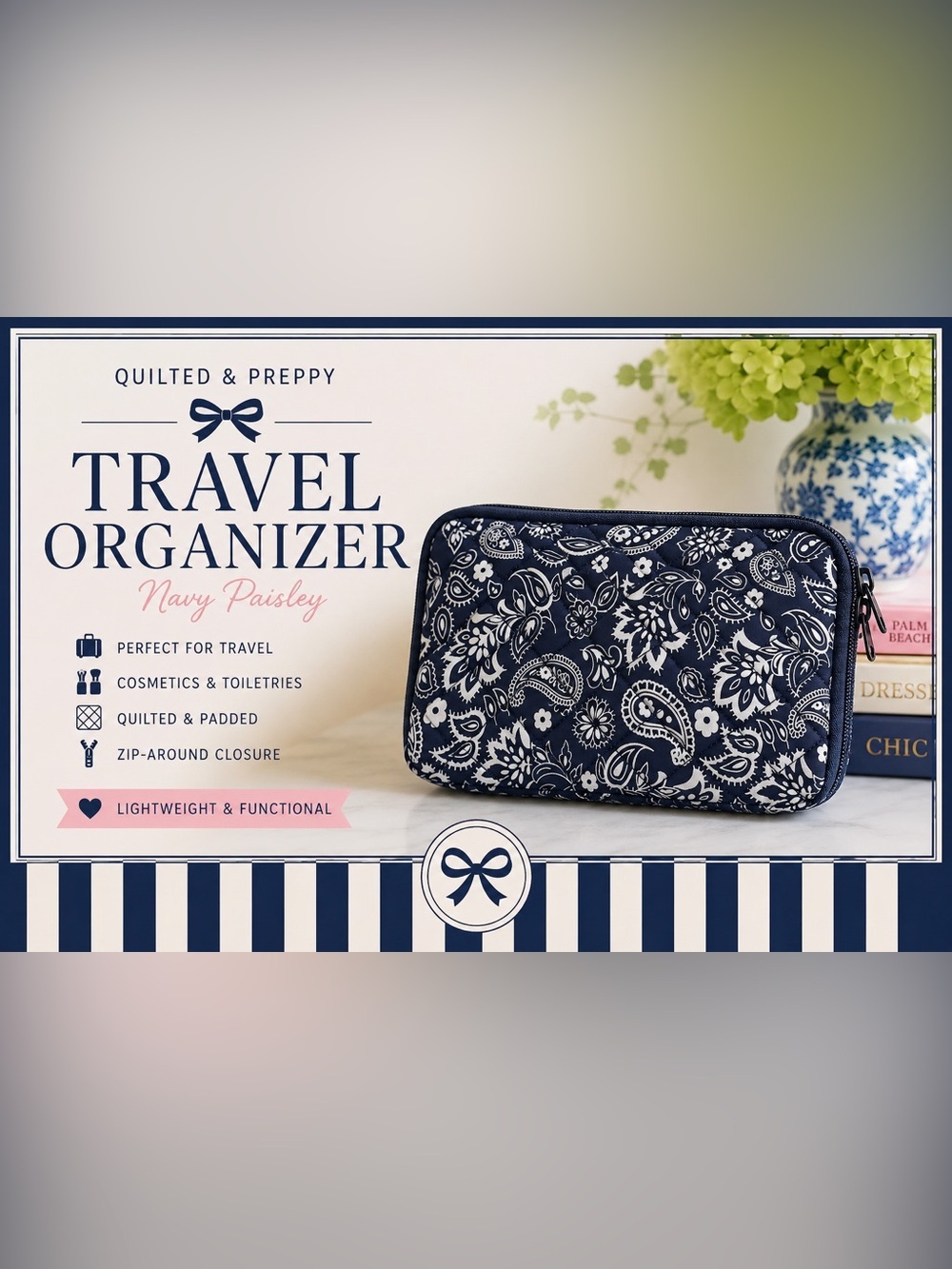 Navy Paisley Quilted Cosmetic Travel Organizer Bag In Excellent Condition
